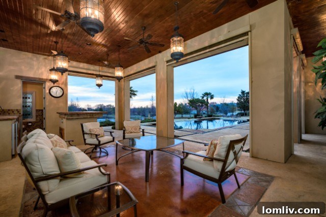 Covered patio with electric screens, perfect for entertaining by the swimming pool and golf course