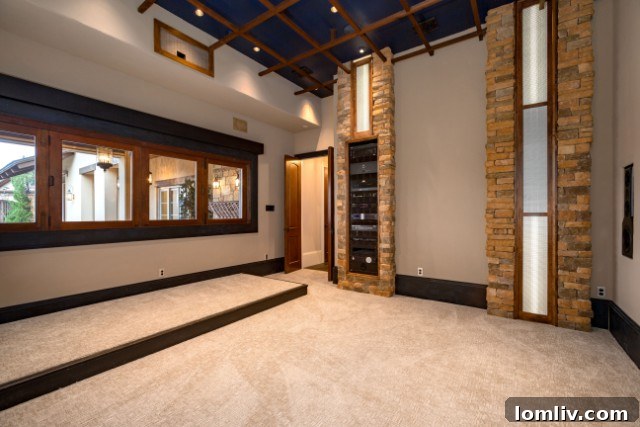 Entertaining wing media room with open-air bar access to the exterior
