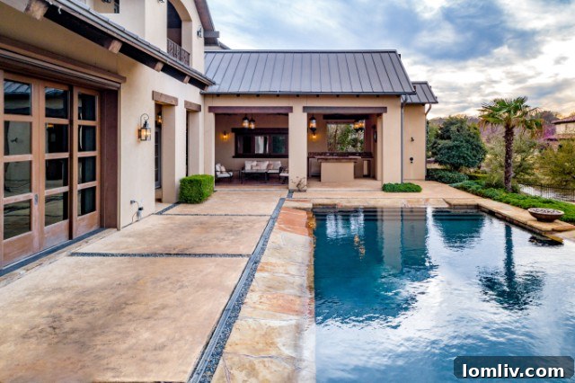 Architectural details of the home's exterior, showcasing stone and stucco craftsmanship