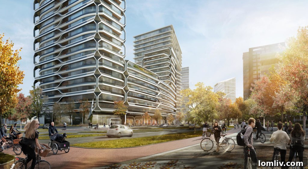 Curving balconies and greenery on the W21-22 Office Building, Baku
