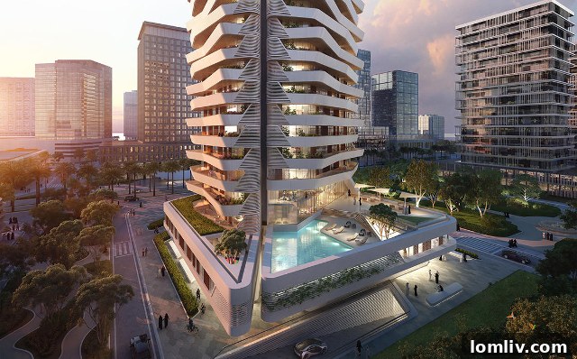 Close-up of Wafra Tower's facade showcasing rhythmic balconies and window patterns