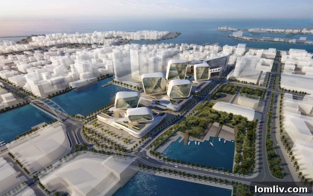 Ground-level view of Wafra Tower, Lusail, revealing its distinctive architectural spine