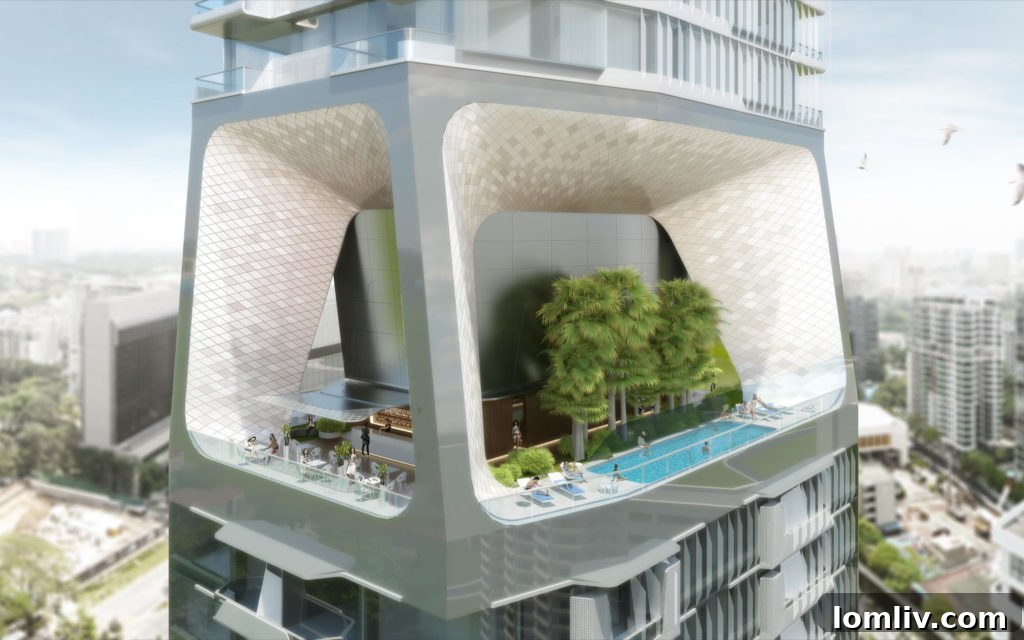 Grand amenity deck and pool area at Scotts Tower, Singapore by UNStudio