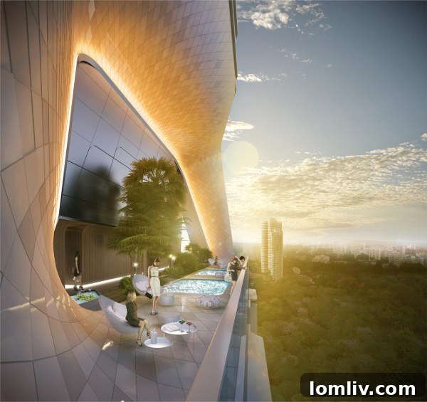 Illuminated sky terrace framing sunset views at Scotts Tower, Singapore