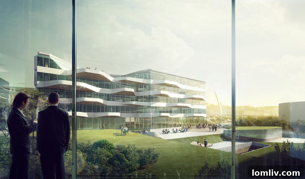 Ribbon-wave terraces of W21-22 Office Building by UNStudio in Baku, Azerbaijan