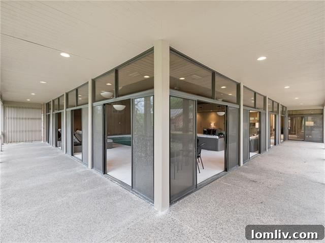 Exterior view of the Komatsu addition, designed as an attached pavilion, overlooking covered porches and Overton Park