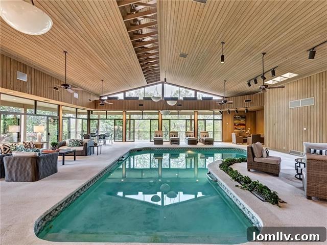Luxurious pool room, reminiscent of a Palm Springs Rat Pack era, with unique ceiling