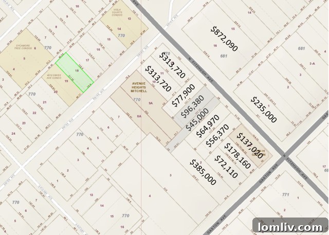 2017 Dallas property assessed values with 921 and 1001 Fitzhugh highlighted.