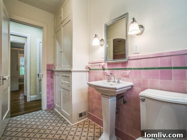 Vintage Hall Bathroom with Original Ceramic Tile and Built-ins
