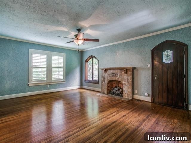 Elegant Living Room with Batchelder Fireplace and Stained Glass Window