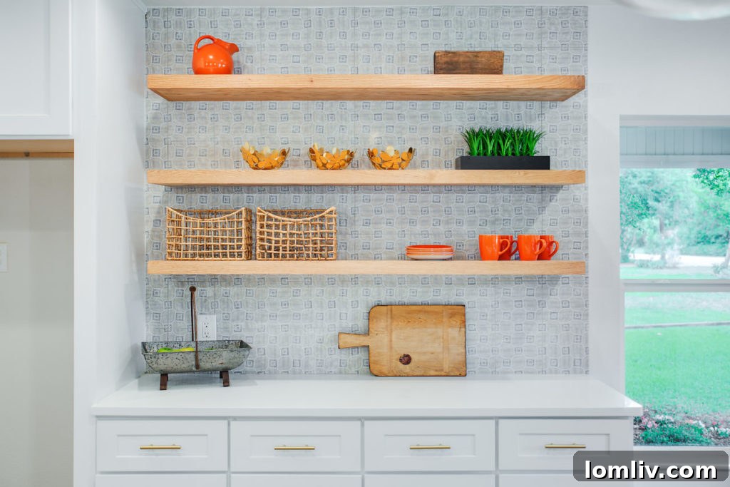 Open Shelving and Designer Tile Backsplash in Modern Kitchen