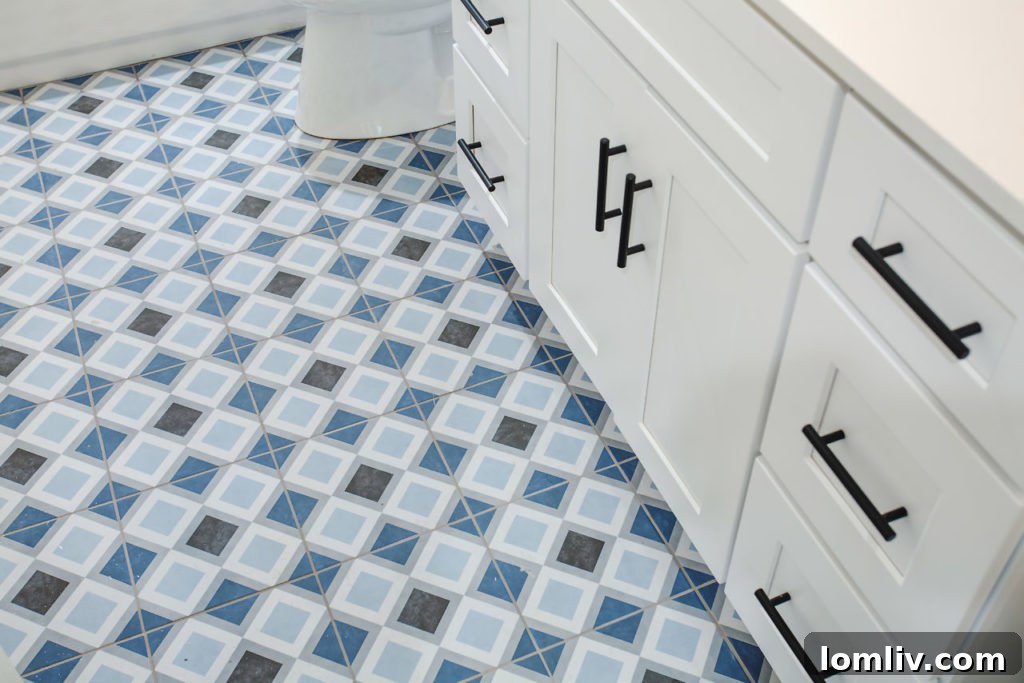 Eye-Catching Tile Floor in Secondary Bathroom