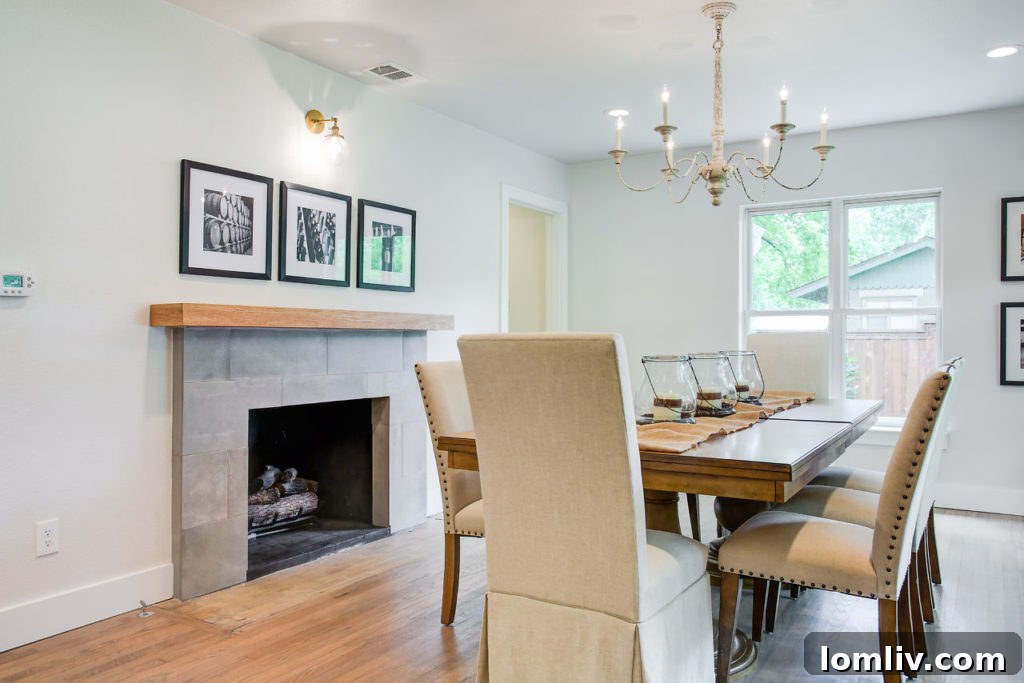 Contemporary Fireplace with Floating Mantle in Formal Dining Room