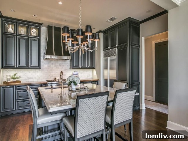 After: Expansive kitchen with island and rich cabinetry.
