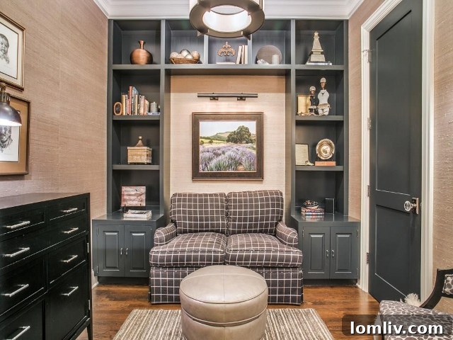 After: Transformed study with built-ins and grass cloth wallpaper.