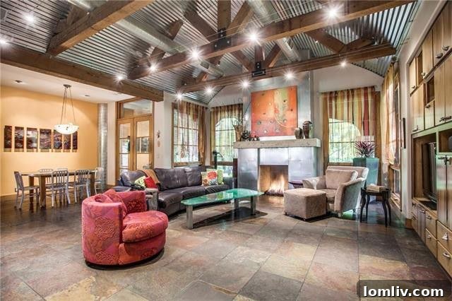 Industrial-Organic Family Room with Vaulted Ceiling
