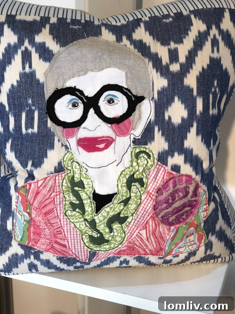 This pillow by Huger Memories captures Iris Apfel’s style perfectly.