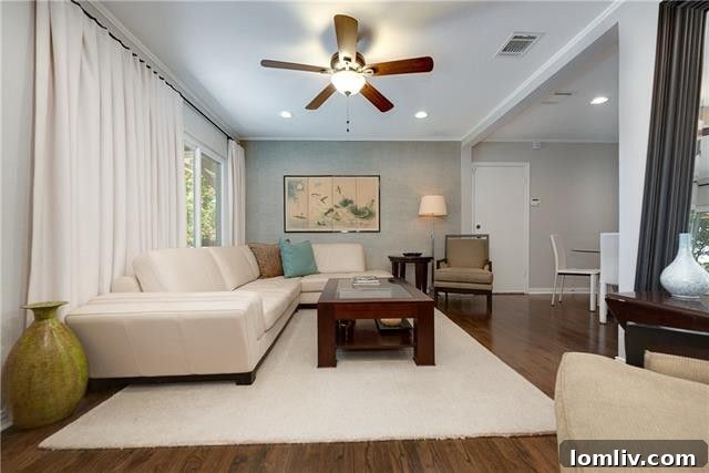 Prestonwood Creek Contemporary Gem Tops Dallas Open House List 14 Bright and airy living room with exposed beams, refinished hardwood floors, and modern lighting