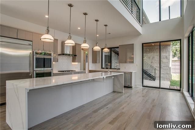 Gourmet kitchen with waterfall island, pendant lights, and high-end JennAir appliances