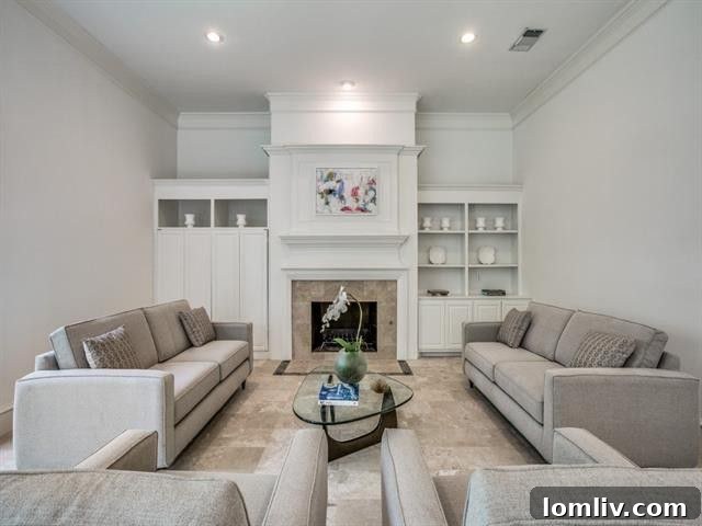 Bright kitchen area ready for entertaining, showing the flow into another room