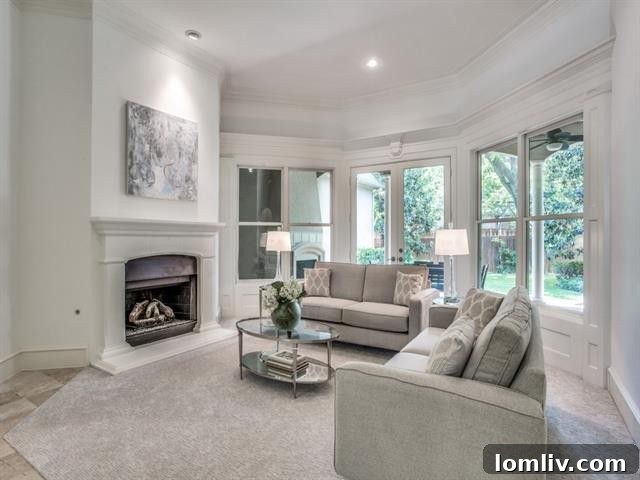 Transformed living room with fresh white paint and new flooring, showing a modern aesthetic