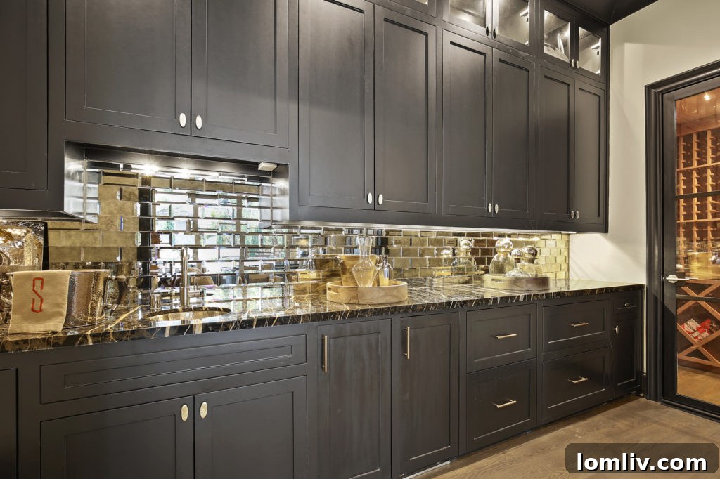 Sophisticated Wet Bar with Antique Glass Backsplash and Wine Room