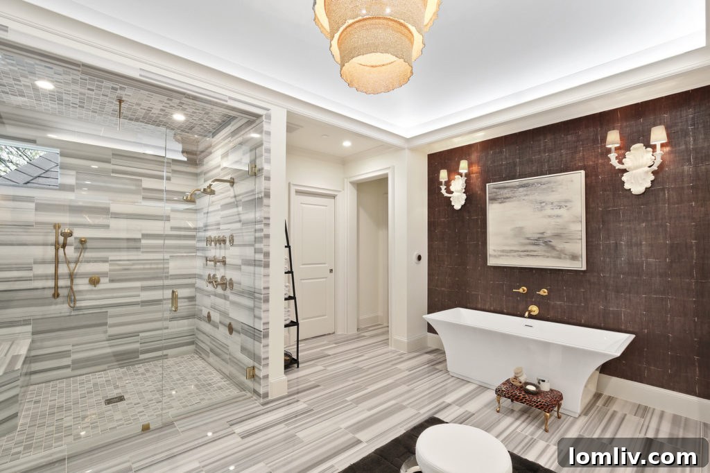 Luxurious Bathroom featuring a Vessel Tub against Eltis Wallpaper