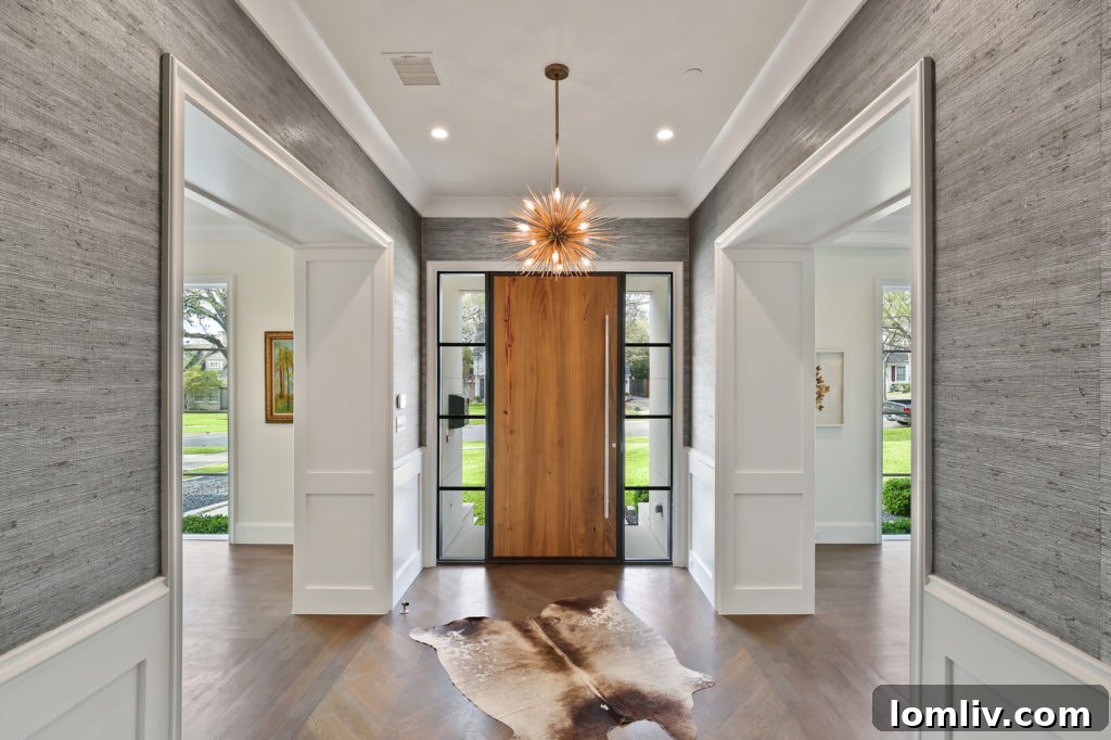 Elegant Entry Hall with Phillip Jeffries Wallpaper and Arteriors Light Fixture