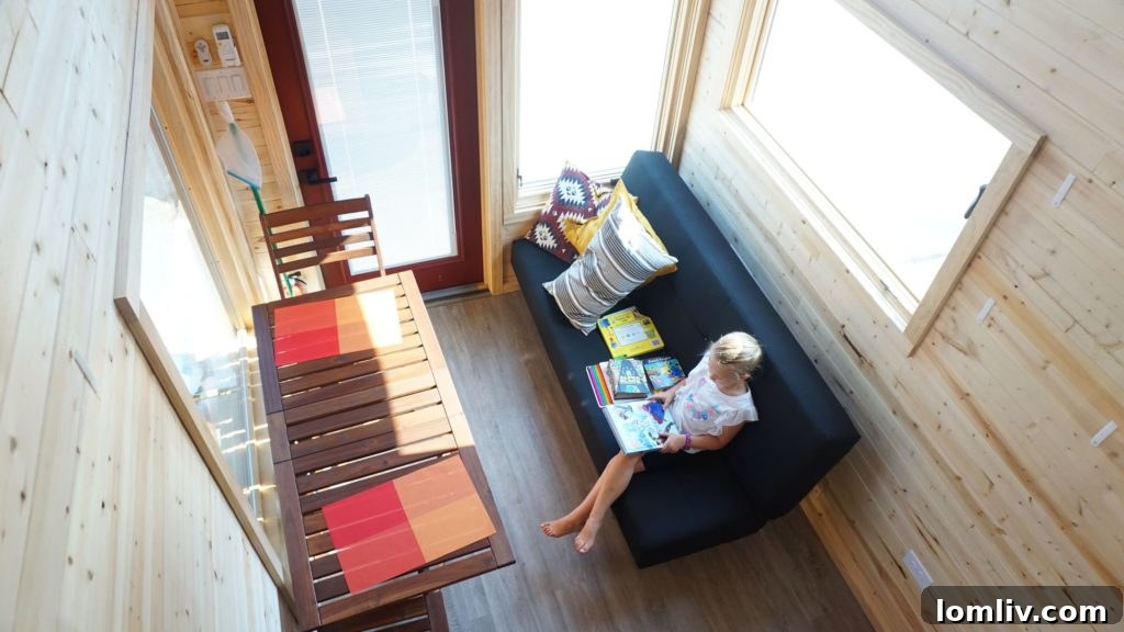 Interior view of a spacious living area in an Indigo River Tiny Home