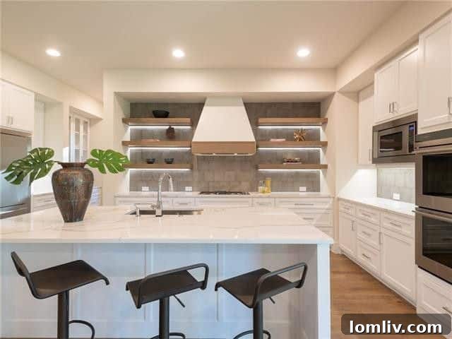 Rift-cut white oak details in kitchen, including floating shelves and vent trim