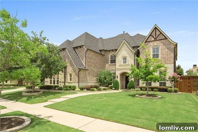 The grand exterior of a luxury home at 4214 Roaring Fork Ln, featuring an expansive diving pool and lush landscaping