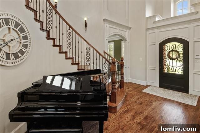 An elegant, spacious entryway with a sweeping grand staircase, showcasing the sophisticated design of the home
