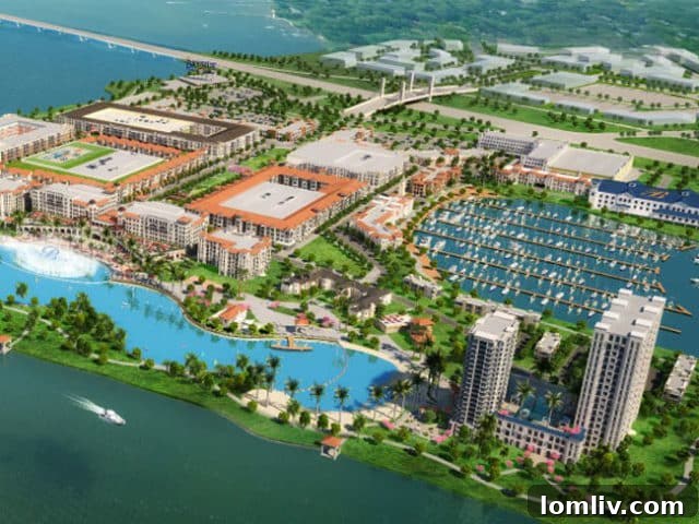 The original grand vision for Rowlett's Bayside development, featuring an expansive crystal lagoon and a stunning show fountain.
