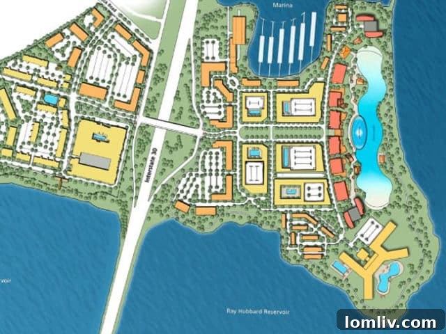 An original rendering showcasing the ambitious scale and features of the Bayside development in Rowlett before the proposed revisions.