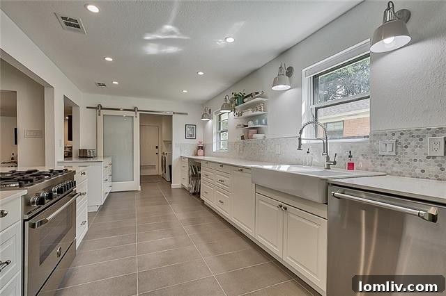 View of the open concept kitchen and dining area with a brick fireplace