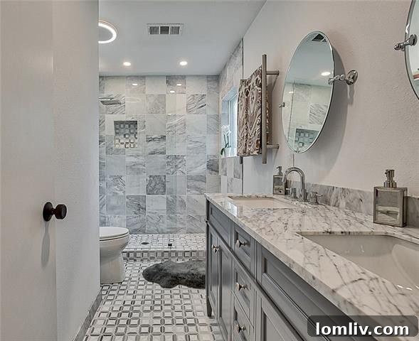 Walk-in shower with thermostatic controls and elegant marble tiling