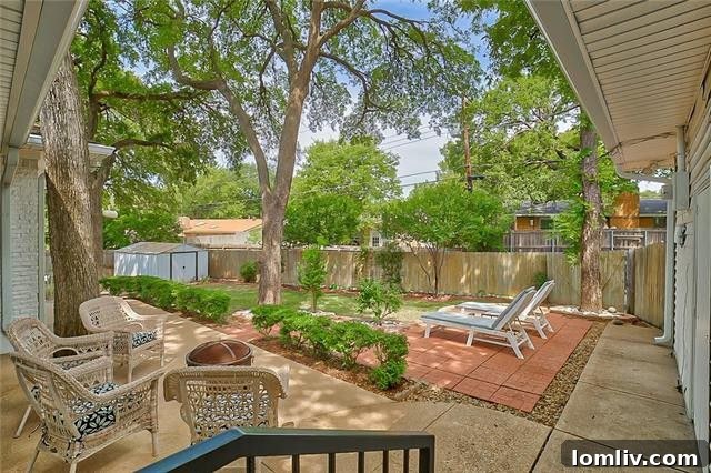 Expansive and private backyard oasis with mature trees and shaded patios
