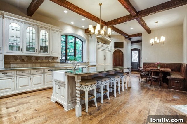 Gourmet kitchen with breakfast bar and built-in banquette dining options
