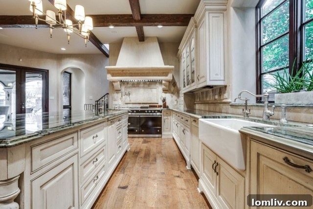 Two farm sinks, including one on the kitchen island, for efficient meal prep