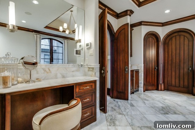 Master bathroom featuring dual vanities and spacious walk-in closets