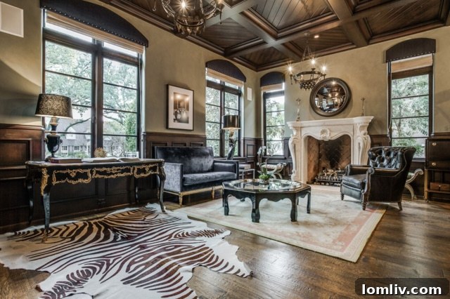 Exquisite carved stone fireplace and coffered wood ceiling in the living room
