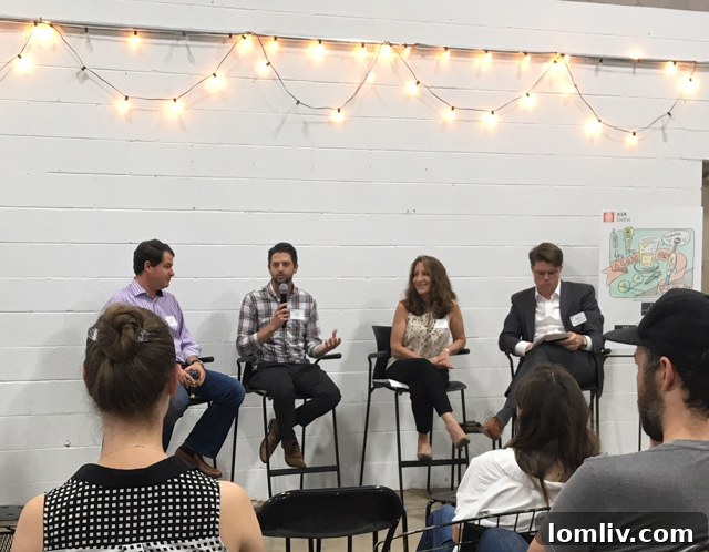 Attendees at AIA’s July ‘Architecture on Tap’ event listening to Evan Sheets discuss urban planning.