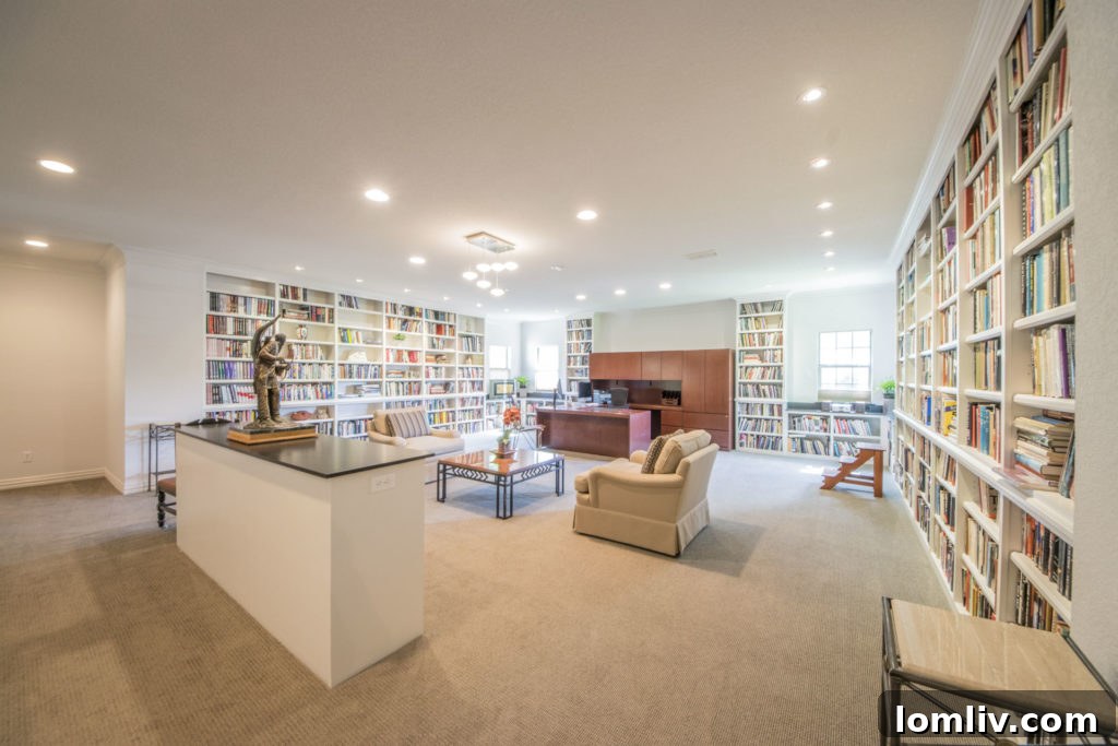 Upstairs retreat with custom bookshelves, perfect for an office or library