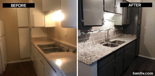 Before and after images of an updated kitchen at The Adira, showcasing Napali Capital's commitment to modernizing apartments.