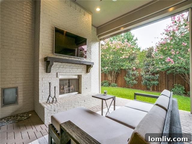 Outdoor covered patio with brick fireplace and built-in grill