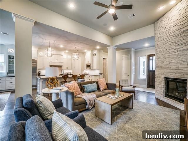 Open concept living area with stacked stone fireplace