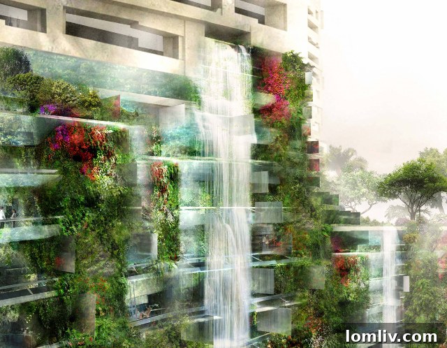 Lima, Peru (Unbuilt) - Jean Nouvel's concept for lower floors with vegetation-filled walls and waterfalls