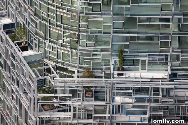 100 Eleventh Avenue, New York City - close-up of the unique curtain wall with floating planters