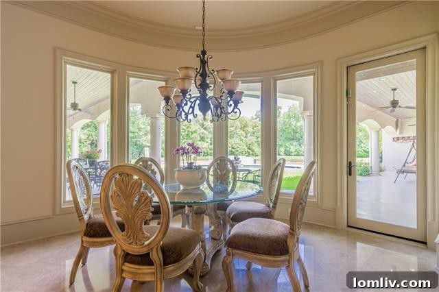 The inviting breakfast area provides serene views of the resort-inspired pool, while a built-in storage unit to the right offers practical elegance.