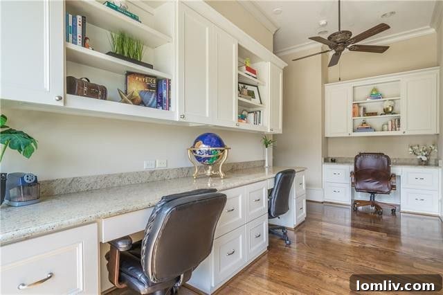 An additional study, thoughtfully positioned off the kitchen, features four built-in desks and dedicated storage spaces, creating a perfect hub for productivity, homework, or crafting activities.